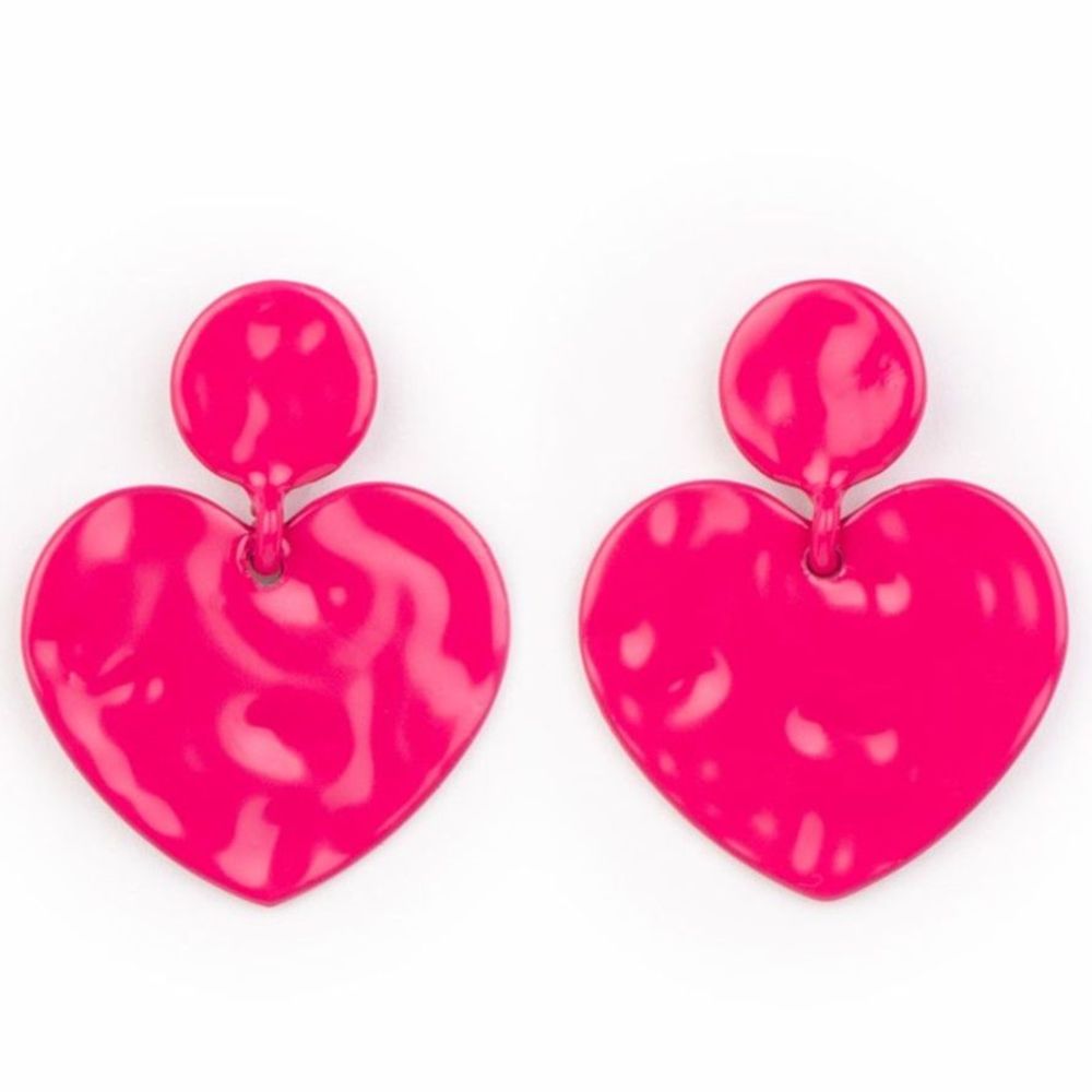Paparazzi "Just a Little Crush" Pink Metal Heart 1.5 inch Earrings